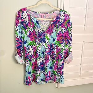 Lilly Pulitzer Braylen Floral Tunic Top Pima Cotton Roll Sleeve Extra Small